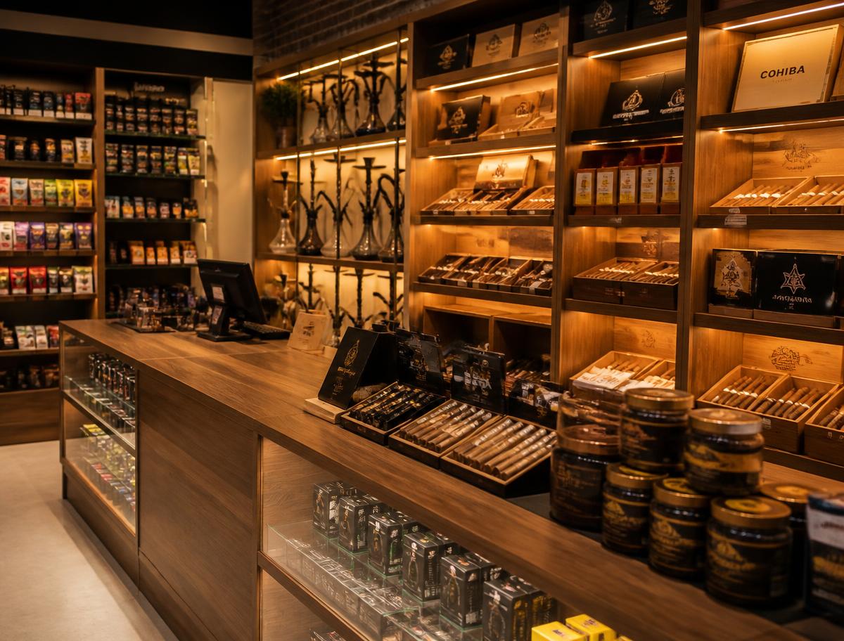 Interior of Mr Tobacco Strand store with neatly arranged tobacco products and warm lighting